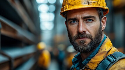Fototapete - A worker in a protective helmet stands in a factory filled with metal materials. The facility is engaged in steel and aluminum processing, showcasing industrial activity.