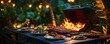 © Влада Яковенко - Outdoor evening barbecue with grilled vegetables and meat amidst tropical garden ambiance
