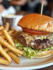 Aufkleber - Delicious cheeseburger with lettuce, tomato, and cheese served alongside crispy fries in a casual dining setting