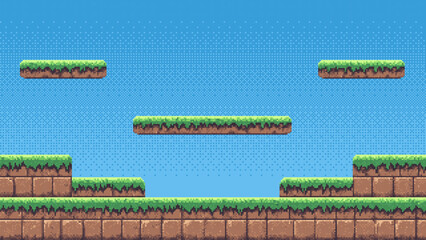 Wall Mural - 8-bit pixel art game level background. side scrolling game. blue sky. simple game map template. 2d r