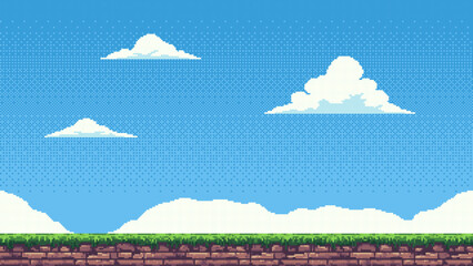 Wall Mural - 8-bit pixel art game level background. side scrolling game. blue sky with clouds. simple game map te