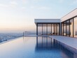 © Somyos - Elegant rooftop swimming pool with panoramic city view, glass barriers, modern home, calm water, warm golden light
