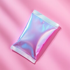Wall Mural - holographic packaging on pink background: modern iridescent design