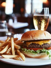 Aufkleber - Delicious cheeseburger accompanied by crispy fries and a refreshing drink at a cozy restaurant setting