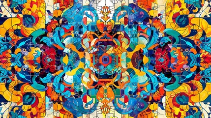 Wall Mural - colorful mosaic design featuring intricate patterns and vibrant hues of blue, orange, and yellow sha