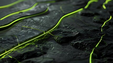 Wall Mural - abstract dark landscape with neon green light accents and textured surface details