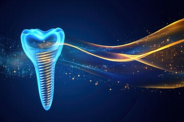 Aufkleber - Dynamic abstract background with glowing golden waves symbolizing the healing process of dental implants in a futuristic setting