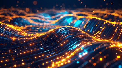 Wall Mural - abstract futuristic digital landscape with glowing waves and luminous particles in blue and orange c