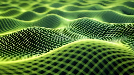 Wall Mural - abstract representation of flowing waves with a grid pattern in vibrant green tones against a dark b
