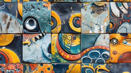 Wall Mural - colorful abstract wall art with geometric shapes and textures in blue, orange, green, and yellow hue