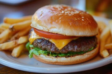 Aufkleber - Delicious cheeseburger with fresh toppings served alongside golden fries in a casual dining setting
