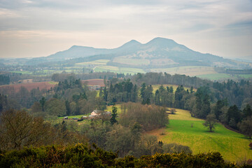 Wall Mural - eildon hills from scott's view rise close to river tweed, which is 97 miles long from source to estu
