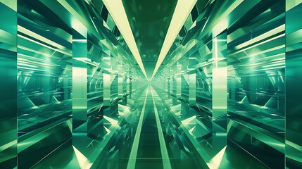 Wall Mural - abstract futuristic tunnel with reflective surfaces in vibrant green color scheme and sleek geometri