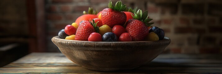 Aufkleber - Fresh fruit bowl beautifully arranged in a rustic kitchen with brick walls and wooden table setting