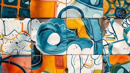Wall Mural - colorful abstract art mural featuring broken tiles with dynamic blue and orange paint patterns