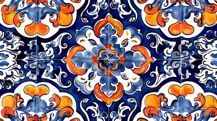 Wall Mural - colorful moroccan tile pattern with floral design and intricate swirls in blue and orange tones