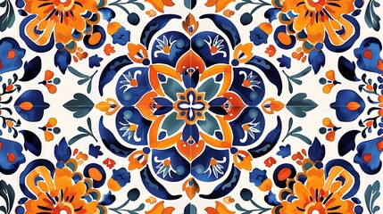 Wall Mural - vibrant floral pattern featuring intricate blue and orange designs on a light background