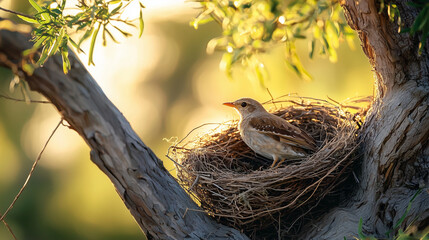 Wall Mural - close-up of bird nest on tree with little bird on green natural background