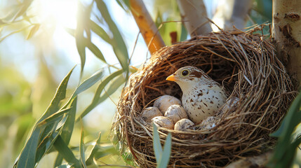 close-up of bird nest on tree with little bird on green natural background
