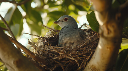 close-up of bird nest on tree with little bird on green natural background