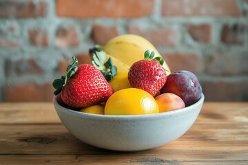 Aufkleber - Fresh fruit bowl arranged in rustic kitchen with brick walls