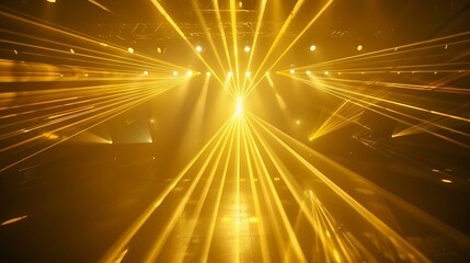 Wall Mural - bright yellow light rays stretching across dark stage in vibrant concert atmosphere