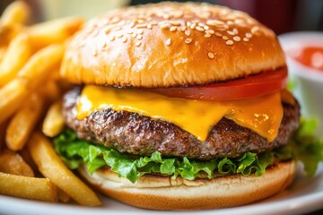 Aufkleber - Mouthwatering cheeseburger with fresh lettuce, tomato, and cheese served alongside crispy fries on a plate