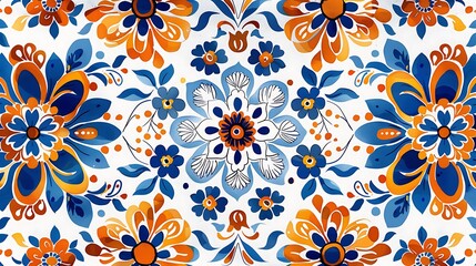 Wall Mural - vibrant floral pattern design with blue and orange accents for textile and wallpaper applications