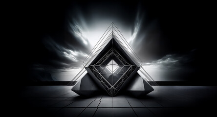 Aufkleber - Abstract geometric structure with pyramid shape against a dramatic cloudy sky. A futuristic and modern design with monochrome tones and sharp angles creates a moody atmosphere.