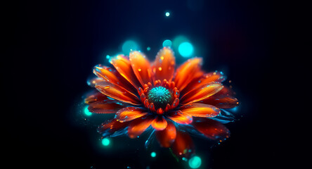 Poster - Glowing orange flower with blue accents blooms against a dark backdrop. Sparkling particles surround the stylized digital bloom, creating a magical effect.