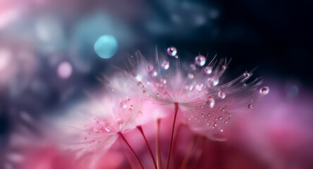 Poster - Delicate dandelion seed head adorned with glistening water droplets, set against a soft, dreamy bokeh backdrop of pink and blue hues creating a gentle, ethereal atmosphere.