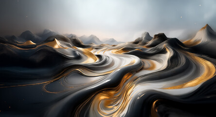Poster - Abstract landscape with flowing black and white shapes accented with gold, creating a dramatic and elegant mountain scenery.