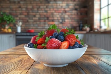 Aufkleber - Fresh fruit bowl with strawberries and blueberries in rustic kitchen setting