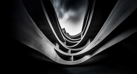 Fototapete - Curved concrete structure with dramatic perspective and strong lines. Abstract architectural form in black and white with high contrast.