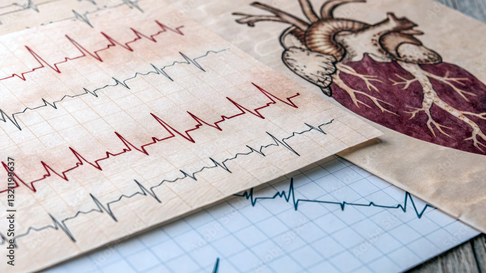 Medical illustration featuring heart diagrams and ECG graphs Stock ...