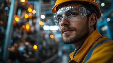 Fototapete - An engineer in safety gear monitors machines in a modern petrochemical refinery. Bright lights illuminate the industrial setting, highlighting advanced automation and operations.