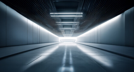 Poster - A modern minimalist corridor with bright lights illuminating the passage, creating a sense of depth and perspective in a clean, futuristic tunnel-like space.