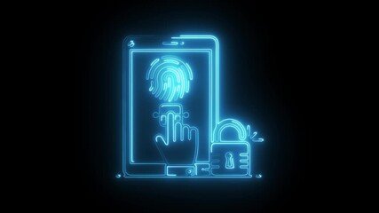 Glowing neon fingerprint scan  icon isolated on black background. HD Video motion graphic animation