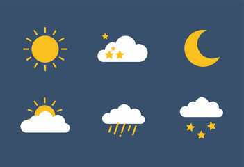 weather icons: day, night, storm, clouds, stars