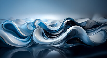 Poster - Abstract waves of blue and white smoothly undulate, creating a dynamic, fluid composition with a reflective lower area.