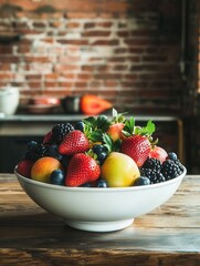 Aufkleber - Fresh fruit bowl arranged beautifully in a rustic kitchen with brick walls