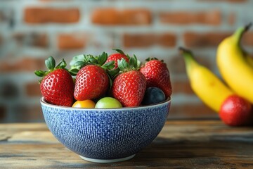 Aufkleber - Freshly arranged fruit bowl featuring strawberries on a rustic wooden table in a cozy kitchen ambiance