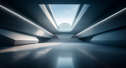 Aufkleber - Sleek futuristic corridor featuring geometric shapes and a skylight. Bright illumination and empty space highlight a clean, modern architectural design.