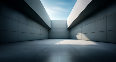 Poster - Modern minimalist architecture showcasing a concrete corridor with an open sky view. Sunlight and shadow play on the geometric walls creating depth in the empty space.