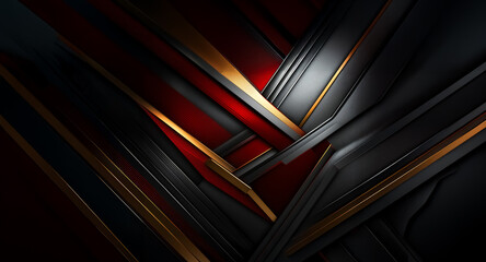 Leinwandbilder - Abstract geometric artwork features dynamic diagonal lines in black, red, and gold, creating a modern and luxurious feel with depth and dimension.