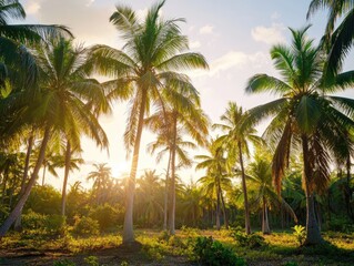 Wall Mural - golden hour bathes a tropical forest of palm trees in luminous light