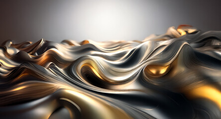 Fototapete - Abstract flowing metallic surface with smooth curves and shiny reflections of gold and silver colors, creating a luxurious and modern design.