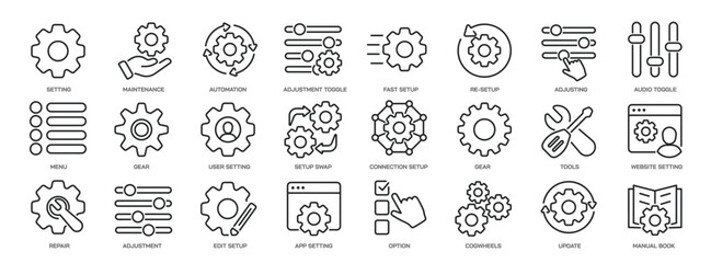 Set of collection line icons related setting, configuration, repair, setup. Editable stroke. Perfect pixel on transparent background