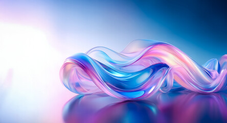 Aufkleber - Iridescent flowing shape with smooth curves on a reflective surface, set against a gradient blue backdrop. Luminous and abstract, evoking a sense of fluid motion and modern design.