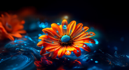Poster - Vibrant orange flower with a blue center glistens with water droplets. Dark artistic background blurs with blue and orange bokeh creating a dreamy, illuminated scene.